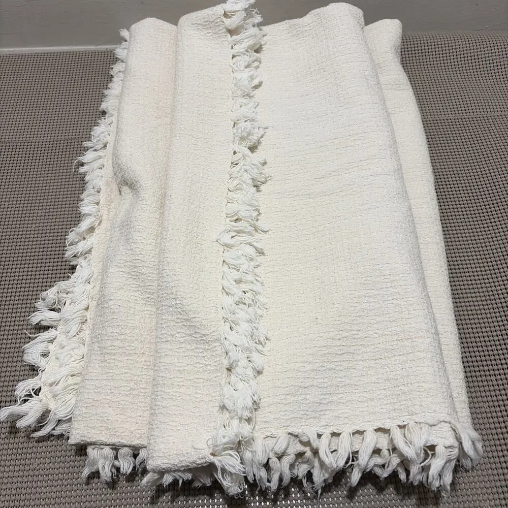 Oversized Cream Throw Blanket Textured Woven Cotton Fringe Edges 76x52 Vintage